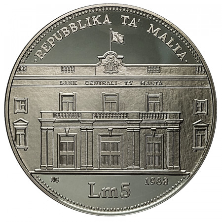 1988 * 5 Liri (Pounds) Argento Malta "20 Anniversario Banca Centrale Malta" (KM 87) PROOF