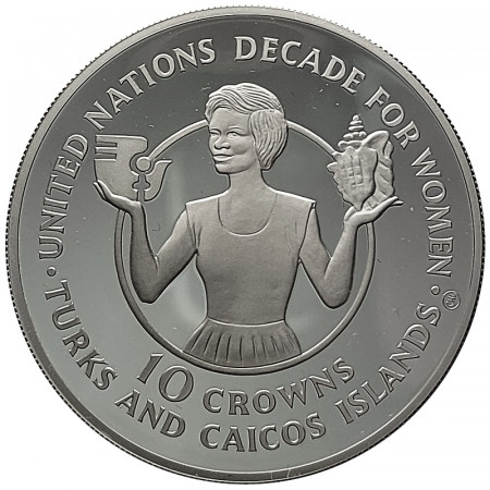 1985 * 10 Crowns Argento Isole Turks e Caicos "Decennio per le Donne" (KM 63) PROOF