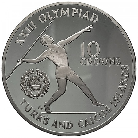 1984 * 10 Crowns Argento Isole Turks e Caicos "Olimpiadi Los Angeles - Giavellotto" (KM 58) PROOF