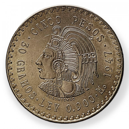 1947 * 5 Pesos Argento Messico "Aztec Cuauhtemoc" (KM 465) SPL/FDC