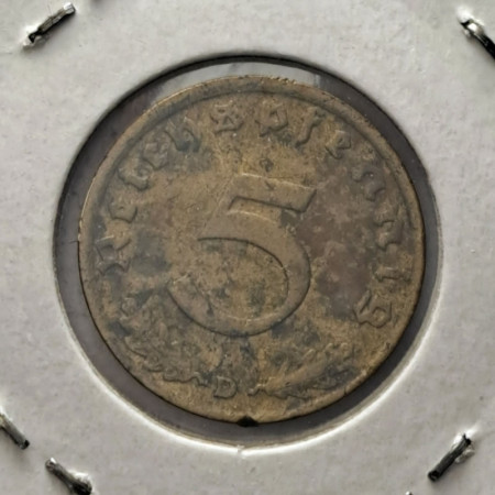 1939 D * 5 Reichspfennig GERMANIA "Terzo Reich - Eagle on Swastika" (KM 91) BB