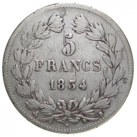 1834 B * 5 Francs Argento Francia "Domard Luigi Filippo I" - Rouen (KM 749.2) qBB