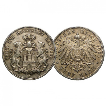 1908 J * 5 Mark Argento Stati Tedeschi "Amburgo - Stemma" (KM 610) BB+