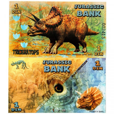 2015 * Banconota Polimera Jurassic Bank 1 Din "Triceratops" FDS