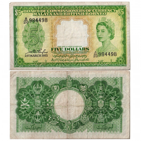 1953 * Banconota Malesia e Borneo britannico 5 dollari B+