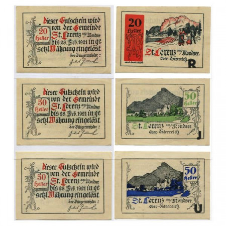 1921 * Set 3 Notgeld Austria 20 . 50 Heller "Alta Austria – St. Lorenz am Mondsee" (KK 904)