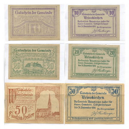 1920 * Set 3 Notgeld Austria 10 . 20 . 50 Heller "Alta Austria – Weißkirchen in Steiermark" (1160)