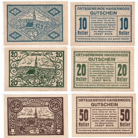 1920 * Set 3 Notgeld Austria 10 . 20 . 50 Heller "Alta Austria - Haigermoos" (FS 336)