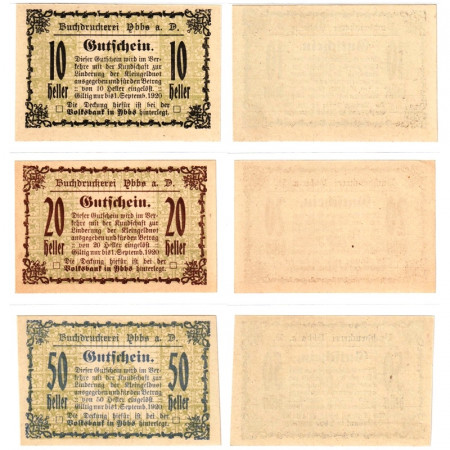 1920 * Set 3 Notgeld Austria 10 . 20 . 50 Heller "Bassa Austria – Ybbs" (FS 1259)