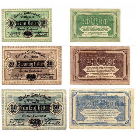 1920 * Set 3 Notgeld Austria 10 . 20 . 50 Heller "Tirolo – Tiroler Landeskasse" (FS 1073 II)