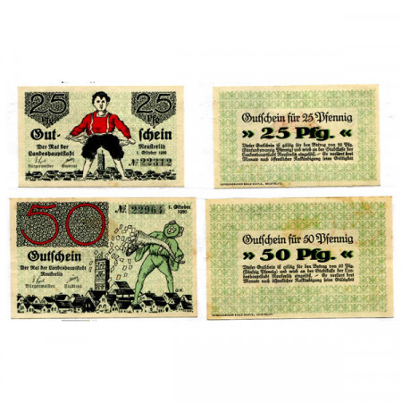 1921 * Set 2 Notgeld Germania 25 . 50 Pfennig "Meclemburgo-Pomerania – Neustrelitz" (N39.2)