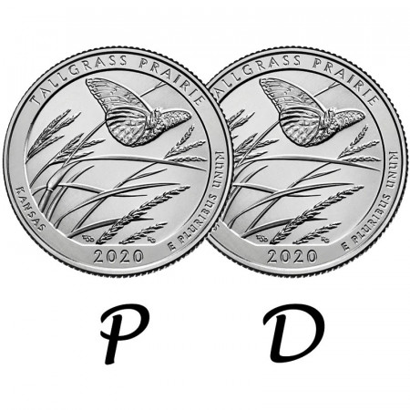 2020 * 2 x Quarto di Dollaro (25 Cents) Stati Uniti "National Park - Tallgrass Preserve, Kansas" P+D