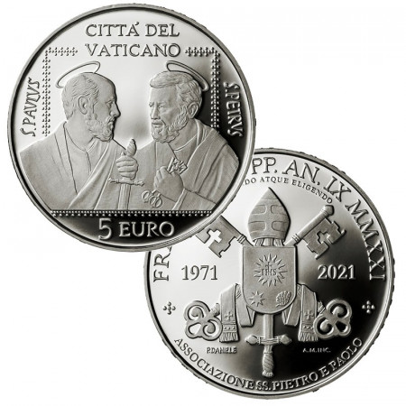 2021 * 5 Euro Argento VATICANO "50° Anniversario dell’Associazione SS. Pietro e Paolo" PROOF