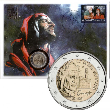 2021 * 2 Euro VATICANO "VII Centenario della Morte di Dante Alighieri" Busta Filatelico/Numismatica