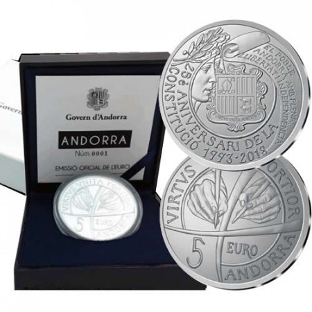 2018 * 5 Euro Argento ANDORRA "25° Anniversario Costituzione" PROOF