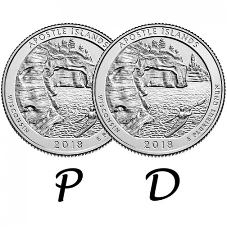 2018 * 2 x Quarto di Dollaro (25 Cents) Stati Uniti "Apostle Islands - Wisconsin" P+D