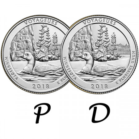 2018 * 2 x Quarto di Dollaro (25 Cents) Stati Uniti "Voyageurs - Minnesota" P+D