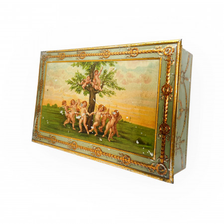 ND * Scatola, Barattolo in Latta "Carlo Delser e Frat, Fabbrica Biscotti e Amaretti - Martignacco - Illustrazione Putti" (B-)