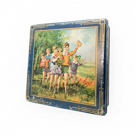 ND * Scatola, Barattolo in Latta "Biscotti Amaretti Lazzaroni, Illustrazione Bambini su Prato" (B)