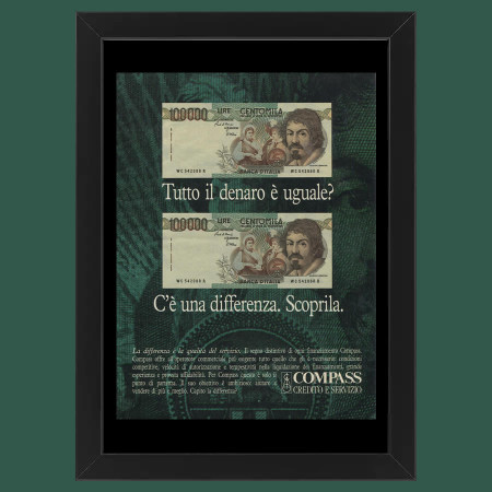 Anni ' 90  * Pubblicità Originale "Compass, Banconota 100 Mila Lire Caravaggio” Cornice