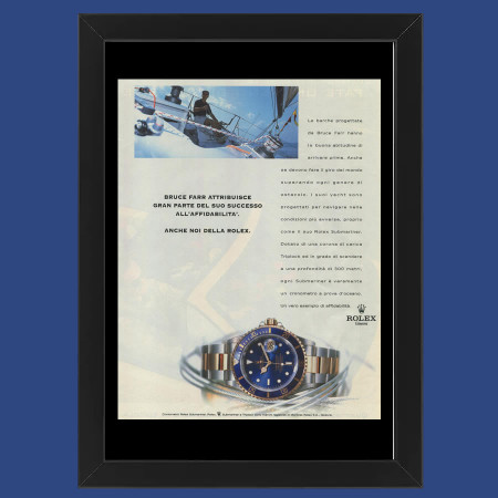 Anni ' 90  * Pubblicità Originale "Rolex, Submariner, Bruce Farr” Cornice