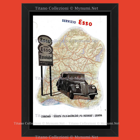 Anni '30  * Pubblicità Originale "Esso, Servizio Esso, Essolube, Macchina con Cartina Geografica" Cornice