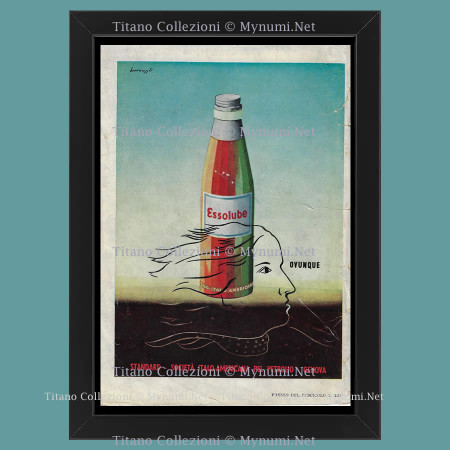 Anni '30  * Pubblicità Originale "Essolube - BERNAZZOLI, Ovunque, Bottiglia e Viso" Cornice