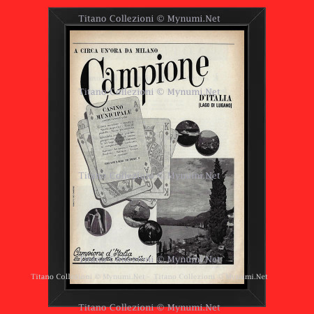 1957 * Pubblicità Originale 'Campione d’Italia - La Perla della Lombardia' in Cornice