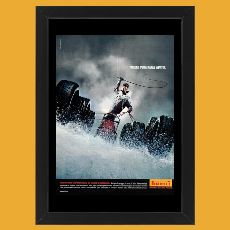 Anni ' 00  * Pubblicità Originale "Pirelli - ARMANDO TESTA, Biga di Pneumatici" Cornice