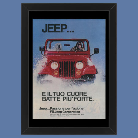 Anni ' 80  * Pubblicità Originale "Jeep, Cuore Batte più Forte ( Rossa Cane )” Cornice