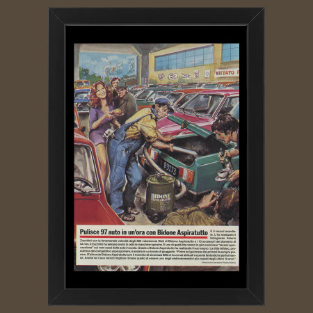 Anni ' 80  * Pubblicità Originale "Bidone Aspiratutto, Pulisce 97 Auto, Molino” Cornice