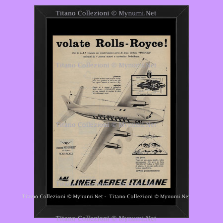 Anni '50  * Pubblicità Originale "Linee Aeree Italiane, Volate Rolls-Royce!" Cornice
