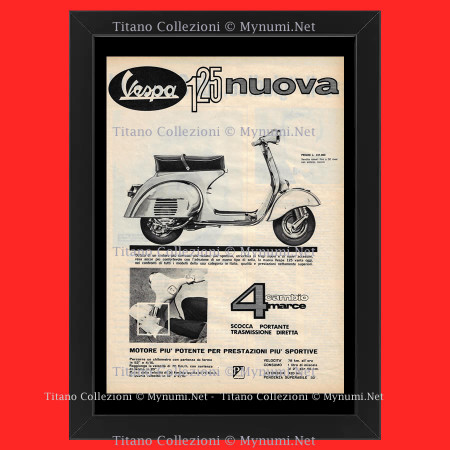 Anni '60  * Pubblicità Originale "Piaggio Vespa 125 Nuova, 4 Cambio Marce" Cornice