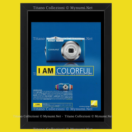 Anni ' 00  * Pubblicità Originale "Nikon, Macchina Fotografica Blu, I Am Colorful" Cornice