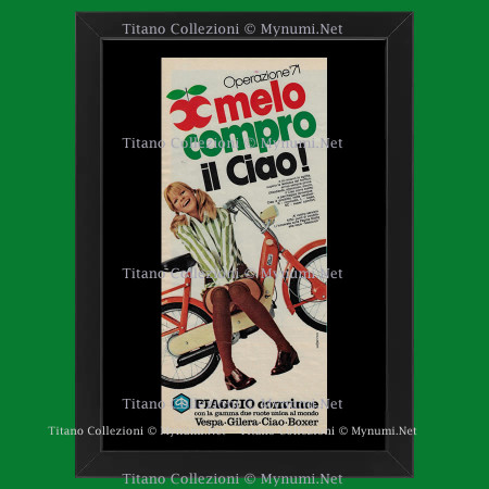 Anni ' 70  * Pubblicità Originale "Piaggio - AG. LEADER, Melo Compro il Ciao!, Mela Rossa" Cornice