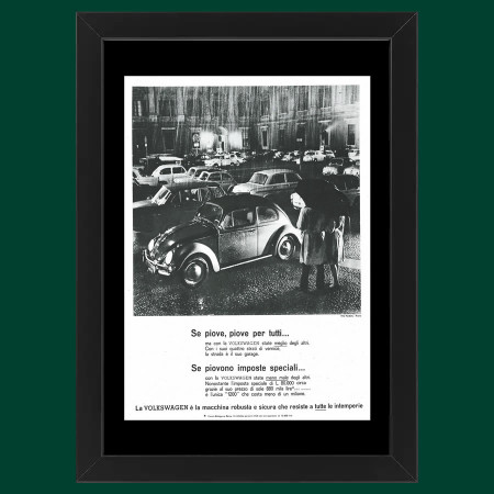 Anni ' 60  * Pubblicità Originale "Volkswagen, Se Piove, Piove per Tutti..." Cornice