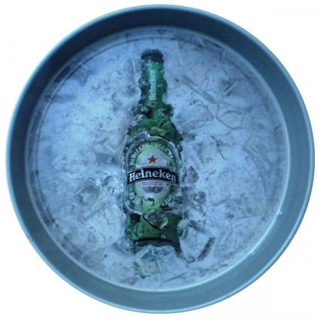 Vassoio * Heineken Birra Metallo Tondo Grigio "Bottiglia" Pubblicità Vintage