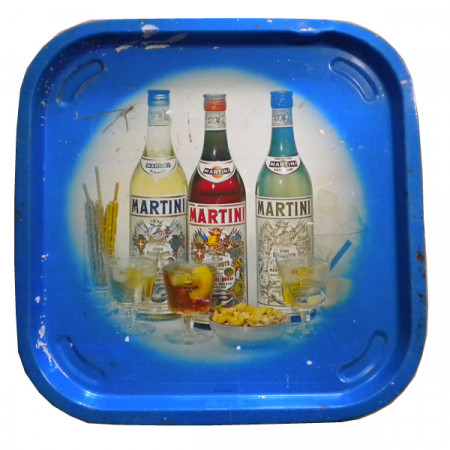 Vassoio * Martini Metallo Rettangolare Blu "3 Bottiglie" Pubblicità Vintage