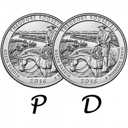 2016 * 2 x Quarto di Dollaro (25 Cents) Stati Uniti "Theodore Roosevelt NP - North Dakota" P+D