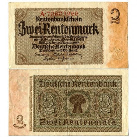 1937 * Banconota Germania Terzo Reich 2 Rentenmark "Rentenbank" (p174b) BB+