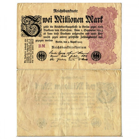 1923 * Banconota Germania Weimar 2 Milioni - 2.000.000 Mark "Reichsbanknote" (p104a) BB+