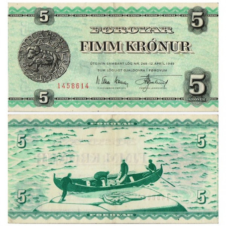 L1949 (1951-60) * Banconota Isole Faroe - Faroe Islands 5 Kronur "Fishermen" (p13b) BB+