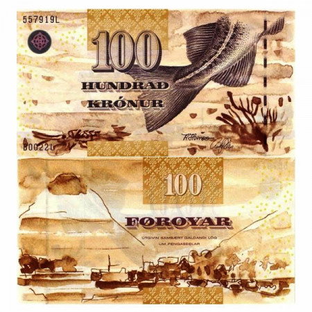 2002 * Banconota Isole Faroe - Faroe Islands 100 Kronur "Codfish Tail" (p25) FDS