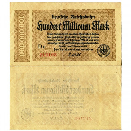 1923 * Banconota Germania Ferroviario 100 Milioni - 100.000.000 Mark "Deutsche Reichsbahn Berlin" (pS1017) SPL