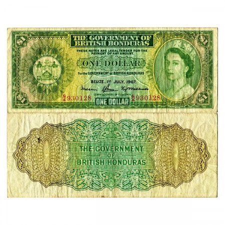 1967 * Banconota British Honduras - Honduras Britannico (Belize) 1 Dollar "Elizabeth II" (p28b) MB+