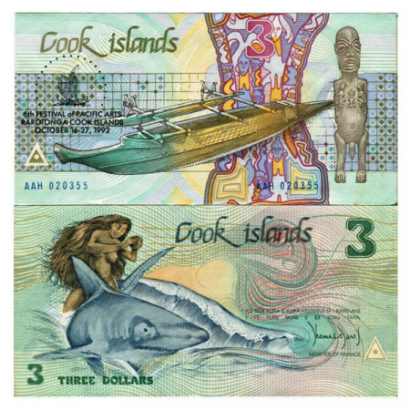 1992 * Banconota Cook Islands 3 Dollars "Ina and Shark - Pacific Arts" (p6) FDS