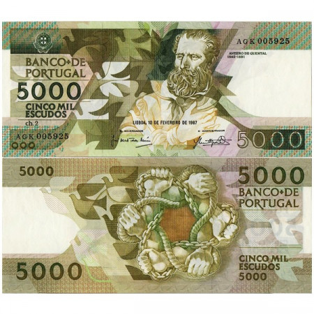 1987 * Banconota Portogallo 5000 Escudos "Antero de Quental" (p183a) qFDS