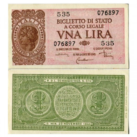 1944 * Banconota Italia Luogotenenza 1 Lira "Laureata - Parisi" BS.19 (p29c) SPL+