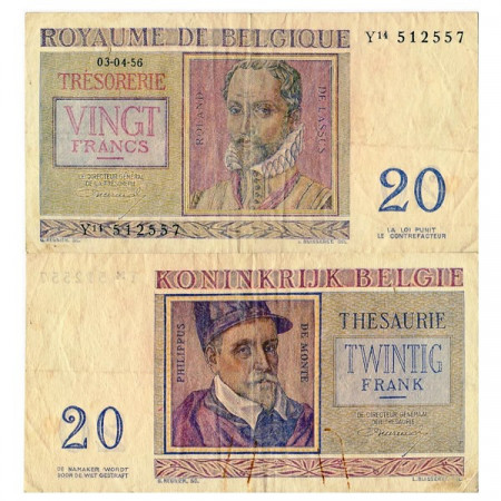 1956 * Banconota Belgio 20 Francs "R de Lassus" (p132b) MB