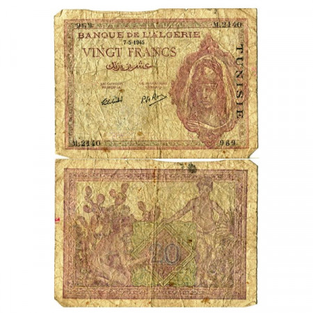 1945 * Banconota Tunisia 20 Francs "Banque de l'Algérie" (p18) B